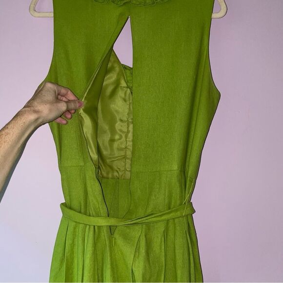 Jessica Howard Dress Size 14 Linen Blend Green Ruffle V Neck Pleated A Line - Picture 9 of 9